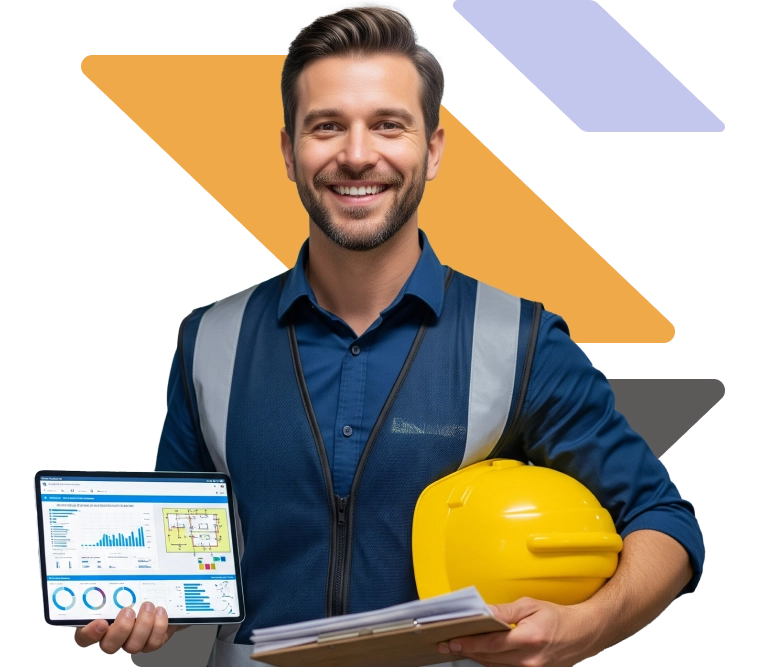 energy manager indossa un gilet da lavoro ha un casco della sicurezza sotto il braccio in mano tiene un ipad con dei grafici e un blocco ap